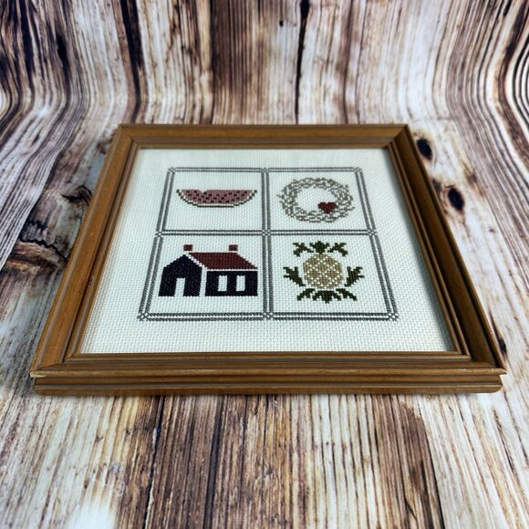 Vintage Cross Stitch Pineapple House Watermelon Heart Wreath Framed Finished 9x9 - Picture 2 of 11